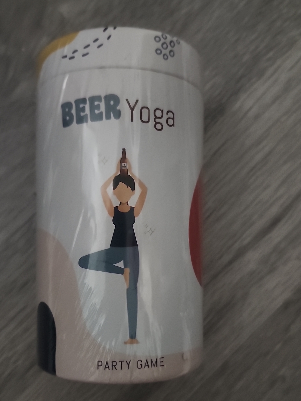 Beer Yoga Party Game Canister - White with Blue and Red Accents